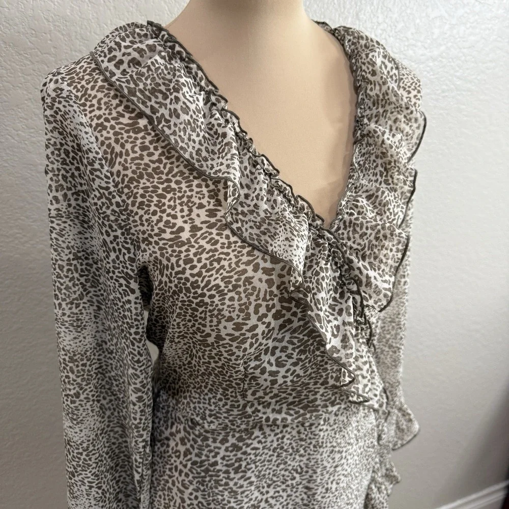 Anthropology Ranna Gill Flora Leopard-Print Ruffled-Wrap Dress Sheer Statement M